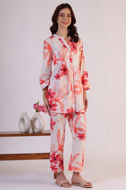 White Bold Floral Printed Pure Cotton Tunic and Straight Pants Co-ord Set